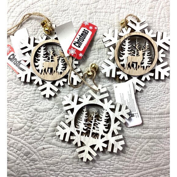 Lot of 3 Wooden Snowflake Christmas Ornaments*Deer/Tree Cutout Design*Giftcraft - Picture 1 of 4